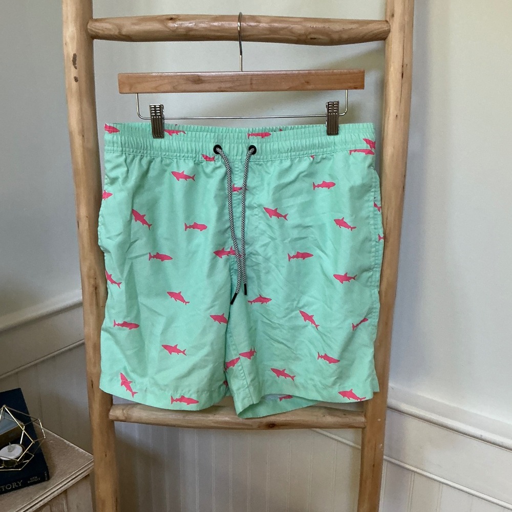 Maamgic‎ Mens Shark Print Swim Trunks Mint Green Pink Mesh Lined Size M